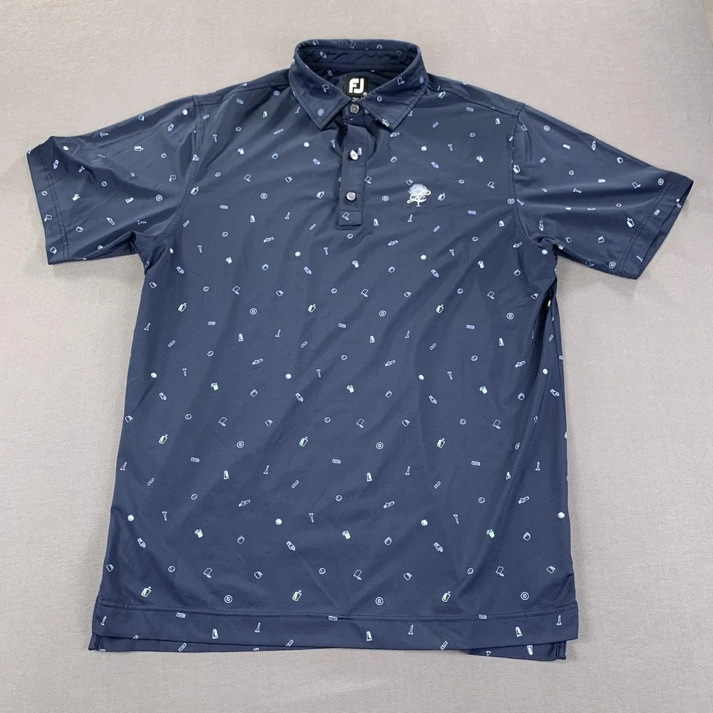 FootJoy Polo Shirt Mens Medium Blue Golf Icon AOP Allover Print Stretch CLC Logo